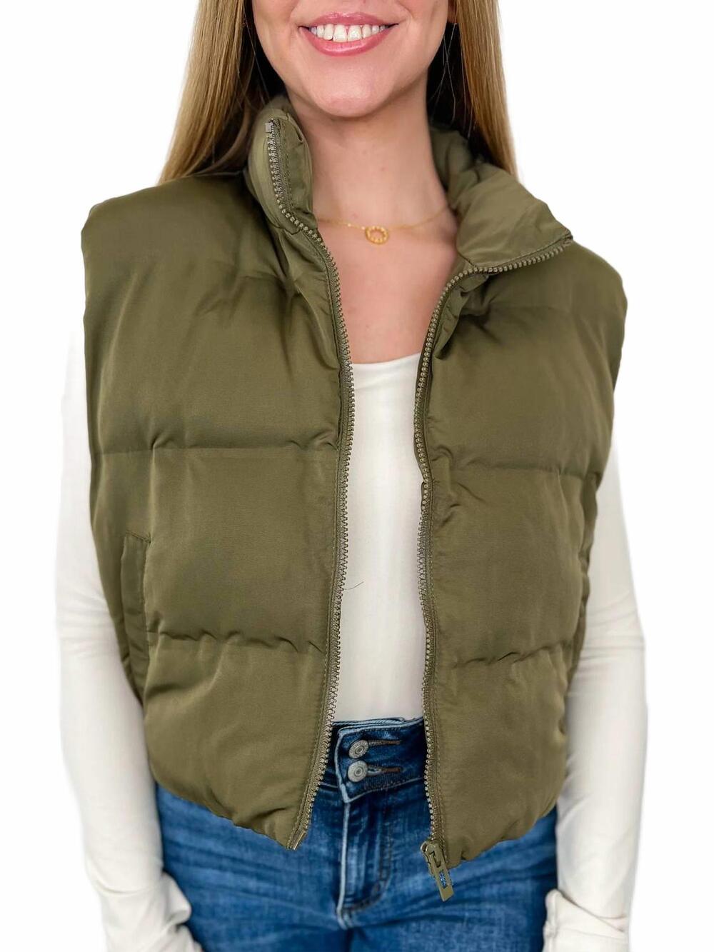 NEW THREAD & SUPPLY living in style cropped puffer vest in green